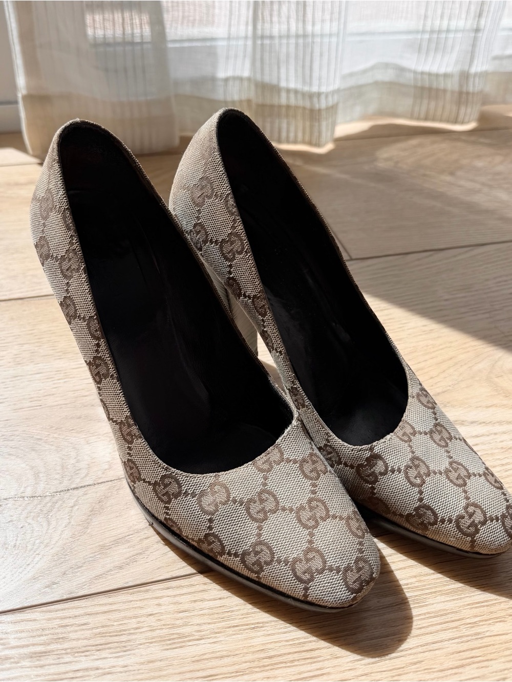 Gucci Monogram GG Canvas Platform Pumps in Beige and Brown